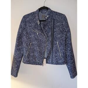 Gap Moto Jacket Womens Size XS Navy White Tweed Asymmetrical Zipper Edgy Chic